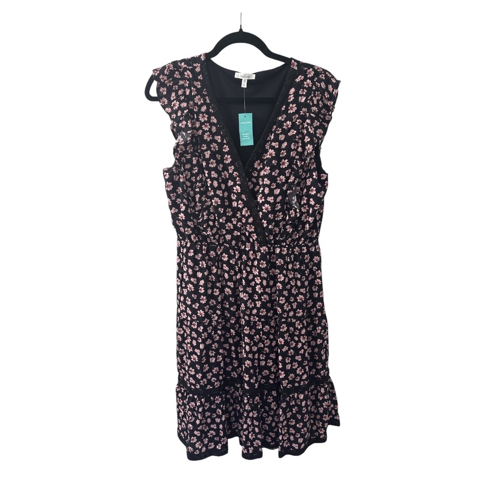 Maurices Womens Black Pink Floral Flutter Sleeve Faux Wrap Mini Dress Medium NWT